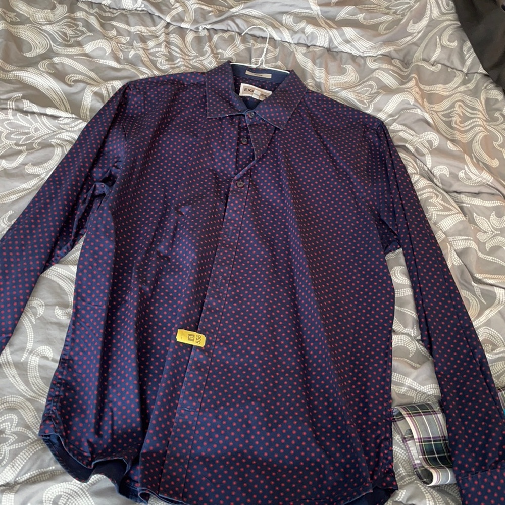 Express blue with red dots button up shirt